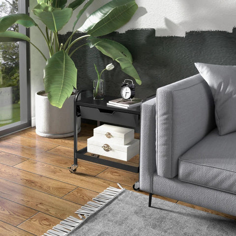 Rootz Kitchen Trolley - 1 Drawer - Side Hooks - 1 Shelf - 4 Wheels - Small Basket - Multi-purpose Trolley - Plastic+steel - Black - 61L x 32.6W x 58.5Hcm