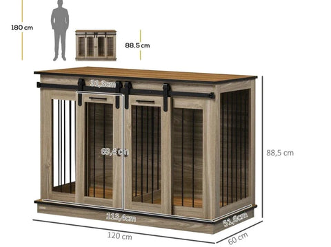 Rootz Dog Cages - 2 Door Dog - Crate Transport Box - All Included - Two-room - Rustic Design - Lockable - Steel Chipboard - Oak - 120L x 60W x 88.5H cm