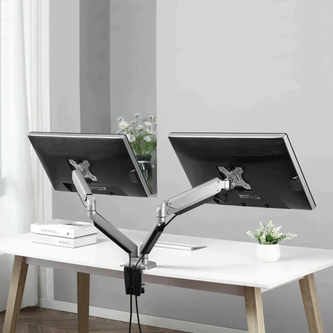 Rootz Monitor Mount - 2 Monitor Desk Mount - Monitor Stand - Height Adjustable - Tiltable - Swivellable - Rotatable - Aluminum - Silver - 93 x 11 x 19-47 cm