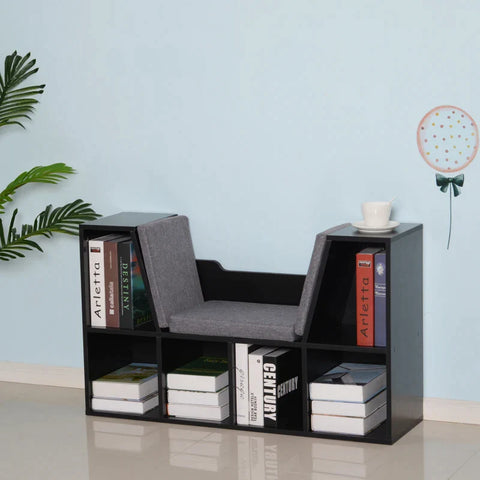Rootz Bookshelf - Bookshelf With Stool Bench - Bookcase Storage Shelf With Cushioned Reading Seat - Bedroom - Living Room - Black/Grey - 102 × 30 × 61 cm