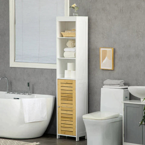Rootz Bathroom Cabinet - Bathroom Shelf - Bathroom Storage Cabinet - 3 Open Compartments - Closet Compartment - With Bamboo Doors - MDF/Bamboo - White - 35 x 27 x 171cm