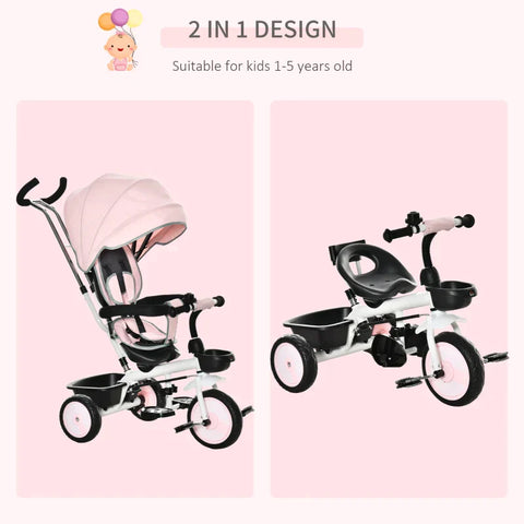 Rootz 2 In 1 Children's Tricycle - Jogger With Steering System - Rod Basket - Sun Canopy - Velvet Touch - Pink - 100 x 48 x 106 cm