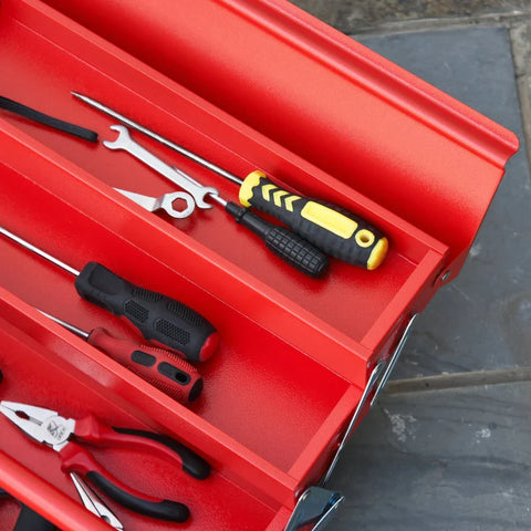 Rootz Tool Box - Metal Tool Box - Workshop Cantilever Toolbox - Portable Storage Cabinet - Foldable Tool Box - 5 Compartments Tool Box - With Carry Handle - Red - 56 x 20 x 41 cm