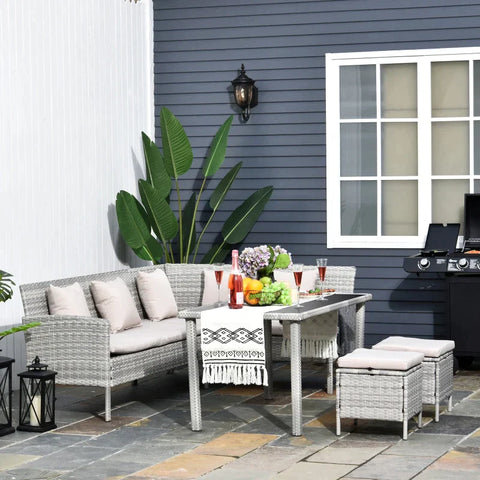Rootz Sofa Set - Rattan Seating Set - Garden Furniture Set - Dining table - Metal - Grey/Cream