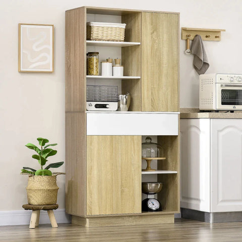 Rootz Kitchen Cabinet - Buffet Cabinet - 3 Adjustable Shelves - Drawer - White + Wood - 89 x 39.6 x 180 cm