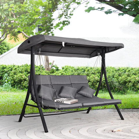 Rootz Garden Swing - hammock swing - Swing Bench - 3 Seater - Adjustable Canopy - Grey - 200 x 115 x 168 cm