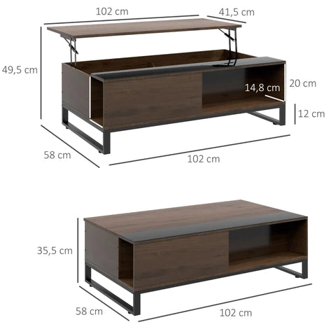 Rootz Side Table With Lifting Function - Hidden Storage Compartment - Walnut Wood Look - Steel Frame - Chipboard - Walnut + Black - 102 x 58 x 35.5 cm
