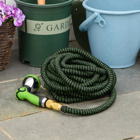 Rootz Flexible Garden Hose - 22.5 m With 10 Functions Spray Nozzle - Water Hose With 1/2 Inch - 3/4 Inch Connection Hose Stretchable For Car Wash - Dark Green + Black