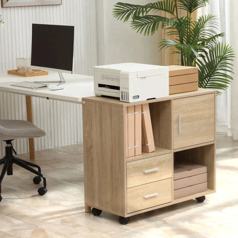 Rootz Printer Stand - Office Side Table - 2 Laden 1 Kast - 4 Wielen - Naturel - 80 cm × 38,5 cm × 74,5 cm