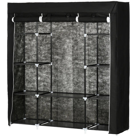 Rootz Wardrobe - Fabric Wardrobe Made Of Fleece - Folding Wardrobe - 1 Clothes Rail - 9 Shelves - Black - 150 cm x 43 cm x 162.5 cm