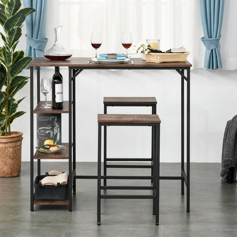 Rootz Bar Table Set - 2 Bar Stools - 3 Shelves - 3-Part - Brown - Black - Processed Wood - Steel