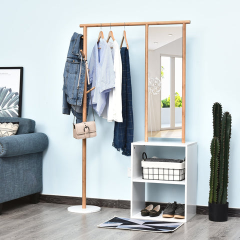 Rootz Wardrobe Rack - Coat Rack - Make-Up Mirror - Storage Cabinet - Shoe Cabinet - 4 Hooks - Bamboo - Nature