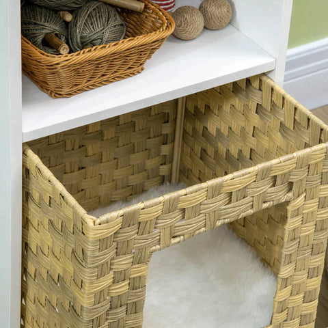 Rootz Cat House - Rattan Cat Cave with Storage - Washable Cushions - Oak + White + Beige - 40cm x 40cm x 77cm