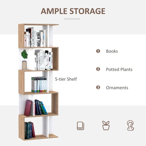 Rootz Bookcase - S Shape Bookcase - 5-Tier - Brown/White - 60cm x 24cm x 184.5cm