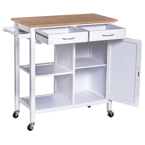 Rootz Kitchen Trolley - Serving Trolley - 2 Drawers - On Wheels - 4 Storage Compartments - 88.5 x 40 x 86 cm - White - Brown