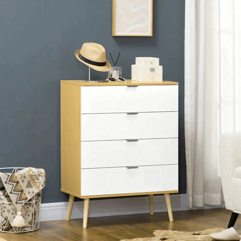 Rootz Chest Of Drawers - Dresser With Drawers - 4-drawer - Storage Organiser Unit - With Pine Wood Legs - White/Natural - 72 cm x 36 cm x 97 cm