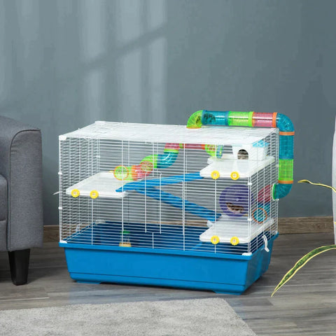 Rootz Hamster Cage - Large Hamster Cage - Multi-storey Gerbil Haven - Small Rodent House - Tunnel Tube System - With Water Bottle - Exercise Wheel - Blue - 79 cm x 46 cm x 60 cm