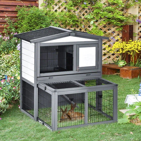 Rootz Small Animal Hutch - Rabbits Hutch - Hutch With Freewheel - 2-tier Fir Wood Outdoor Hutch - Grey/White