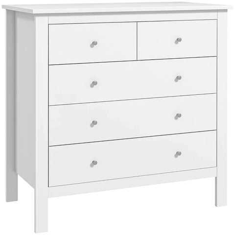 Rootz Chest of Drawers - Sideboard - 5 Drawer - Storage Cabinet - Metal Handles - Runners for Bedroom - White - 79 x 39.5 x 80.5 cm