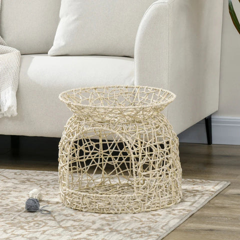 Rootz PE Rattan Cat House - 2 Tier Cat Cave with Cushion - Beige - 42cm x 42cm x 40cm
