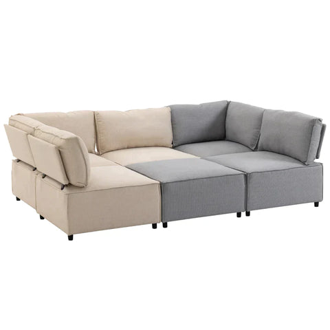 Rootz 6 Pcs. Sofa Set - Corner Bench - Corner Couch With Sleeping Function - Gray + Beige - 325cm x 83cm x 80cm