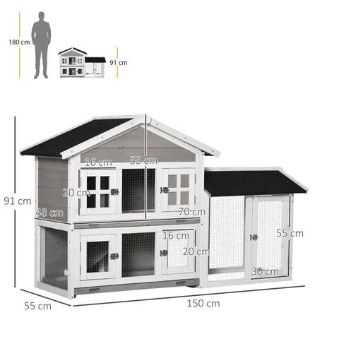 Rootz Konijnenhok - Knaagdierenhok - 2 niveaus - Dennenhout - Buiten Binnen Kooi voor kleine dieren - Verwijderbare vloerbak - Grijs + Zwart + Wit - 150 x 55 x 91 cm