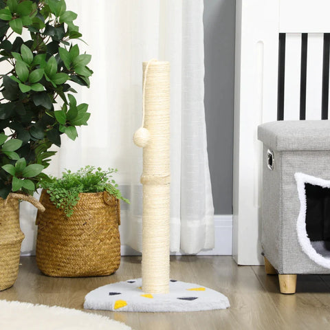 Rootz Scratching Post - With Play Ball - Compact Size - Robust Jute Rope - Light Gray + Beige - 35 x 35 x 62 cm