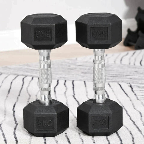 Rootz 2x5kg Hexagonal Dumbbells - Rubber Dumbbell - Knurled Handle - Sports Hex Weights Sets - Weight Lifting Exercise - Home - Gym