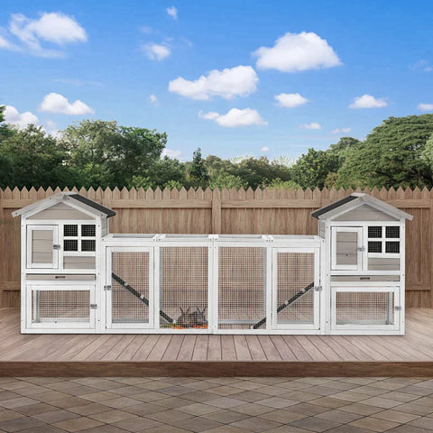 Rootz 2-in-1 houten konijnenhok - dubbel hoofdhuis caviakooi - konijnenren - kleinhuis met renbox - uitschuifbare lade - oprit - grijs - 259 x 64 x 92cm