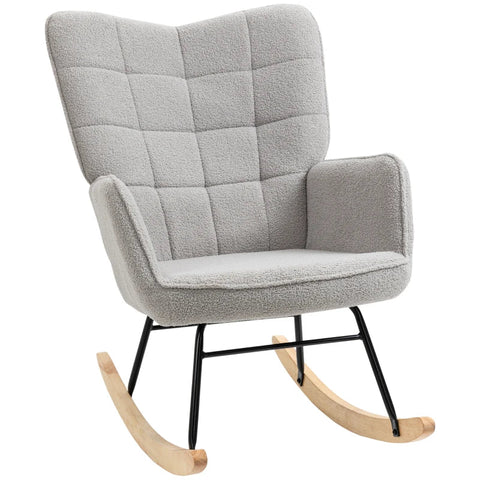 Rootz Retro Solid Wood Rocking Chair - Upholstered chair - Berber fleece - Cream White - 71cm x 92cm x 101cm