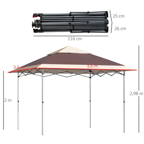 Rootz Gazebo - Party Tent - Garden Gazebo - Party Gazebo - Pop UP Tent - Steel/Oxford Cloth - Dark Brown/Khaki - 3.6L x 3.6W x 2.98H m