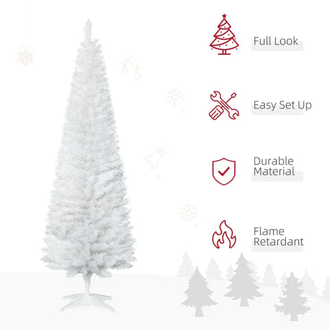 Rootz Christmas Tree - Artificial Pine Pencil Slim Tall Christmas Tree - Holiday Decor - Plastic Stand - White - Ø 55 x H180 cm