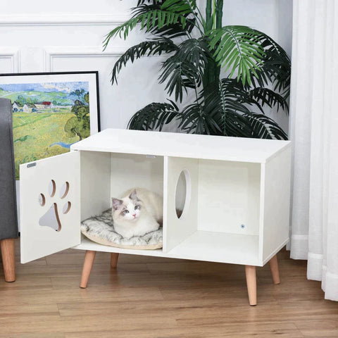 Rootz Cat Cave - Cat Cave House - Cat Litter Box Cabinet - Cat Condo - Wood - White - 75 x 40 x 55 cm