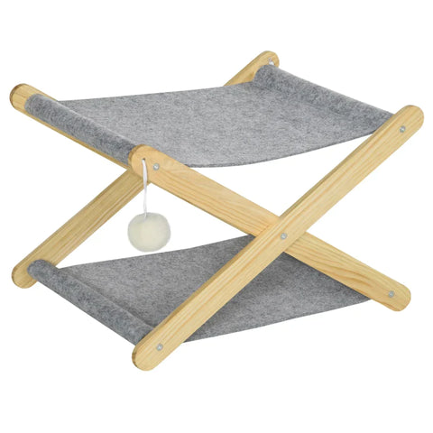 Rootz Cat Bed - Dog Bed - Pet Bed - With Ball Toy - Foldable - With Frame 2 Levels -  Pine Wood - Natural/Gray - 52 x 42 x 33.5 cm