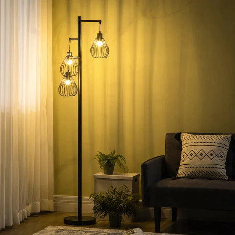 Stehleuchte Rootz – 3 Flammen – Gitterschirm – Fußschalter – E27-Fassung – Metall – Schwarz – 48 x 42 x 175 cm