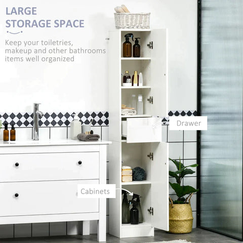 Rootz Bathroom Cabinet - 5 Compartment - 1 Drawer - Removable Shelves - High Gloss - White - 30 x 28 x 170 cm