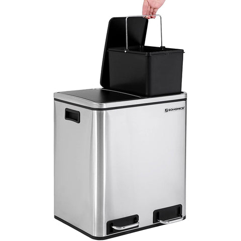 Rootz Trash Can Waste Separation 30 Liter - Trash Cans - Pedal Bin - SILVER - 41 x 36 x 47 cm