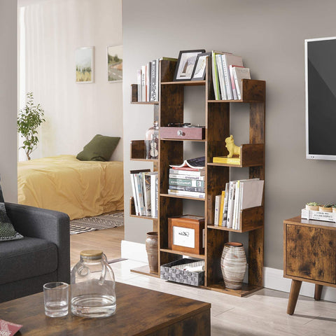 Rootz Bookcase with 13 Compartments - Book Stand - Bookend - Freestanding Cabinet - Wood - Industrial - Brown - 86 x 25 x 140 cm
