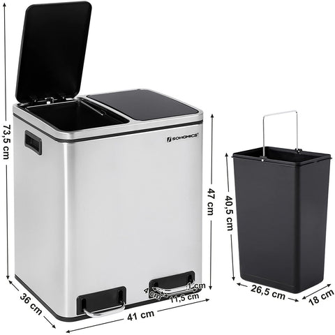 Rootz Trash Can Waste Separation 30 Liter - Trash Cans - Pedal Bin - SILVER - 41 x 36 x 47 cm