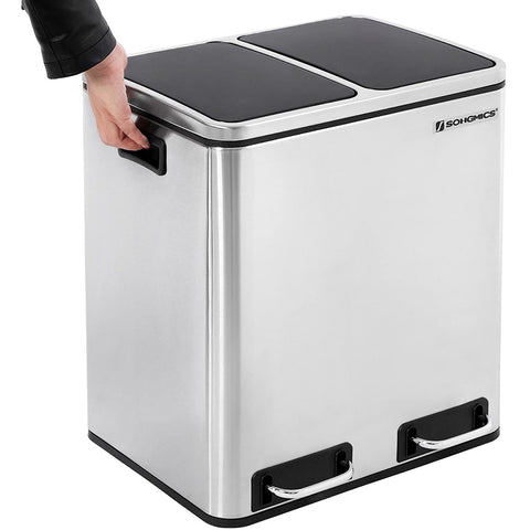 Rootz Trash Can Waste Separation 30 Liter - Trash Cans - Pedal Bin - SILVER - 41 x 36 x 47 cm
