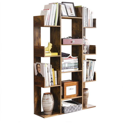 Rootz Bookcase with 13 Compartments - Book Stand - Bookend - Freestanding Cabinet - Wood - Industrial - Brown - 86 x 25 x 140 cm
