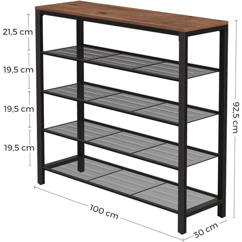 Rootz Shoe Rack - Shoe Cabinet for 16 Pairs of Shoes - Industrial Vintage Design - Wood and Metal - 100 x 30 x 92.5 cm