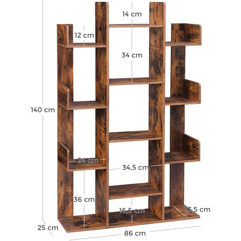 Rootz Bookcase with 13 Compartments - Book Stand - Bookend - Freestanding Cabinet - Wood - Industrial - Brown - 86 x 25 x 140 cm
