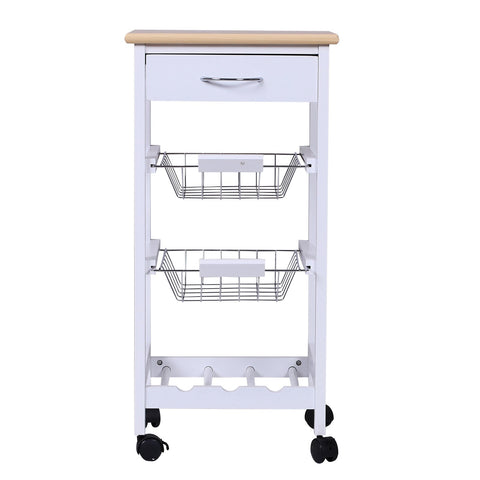 Rootz Kitchen trolley - Kitchen trolley - Serving trolley - Drawer - 2 Baskets - Wine rack - 4 Levels - Metal - White - Brown - 37.5 x 37.5 x 76.5 cm