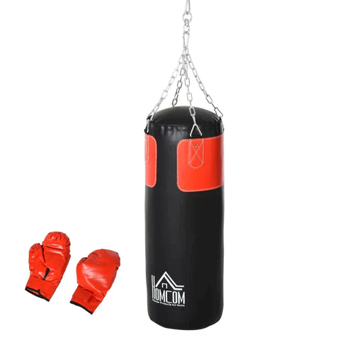 Rootz bokszakset - boksset met bokshandschoenen - gevulde set voor volwassenen - jongeren - hangende zware bokszak - zwart/rood - 30 x 120 cm