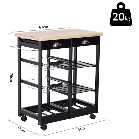 Rootz Keukentrolley - Keukentrolley - Serveerwagen - Wijnrek - Op wielen - MDF - Hout - Zwart - Naturel - 74 x 37 x 76 cm