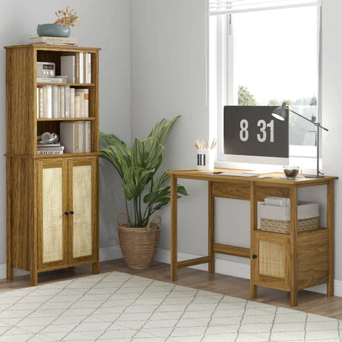 Rootz Desk - Desk With Cabinet - Viennese Wicker Look - 1 Cabinet - 1 Shelf - Chipboard - Walnut Brown + Natural - 110 cm x 48 cm x 76 cm