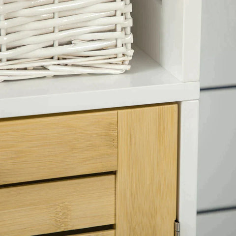 Rootz Bathroom Cabinet - Bathroom Shelf - Bathroom Storage Cabinet - 3 Open Compartments - Closet Compartment - With Bamboo Doors - MDF/Bamboo - White - 35 x 27 x 171cm