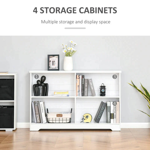 Rootz Bookshelf - Simple Modern 4-Compartment Low Bookcase - 2-Tier with Moving Shelves - Display Storage Unit - Home - Office - Living Room Furniture - White - 118.2cm x 29.5cm x 76.5cm