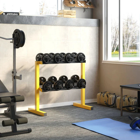 Rootz Halterrek voor halters - tot 270 kg - gewichtsopslagorganisator - 2 planken - stalen frame - geel - 92,5 x 50,5 x 80,5 cm